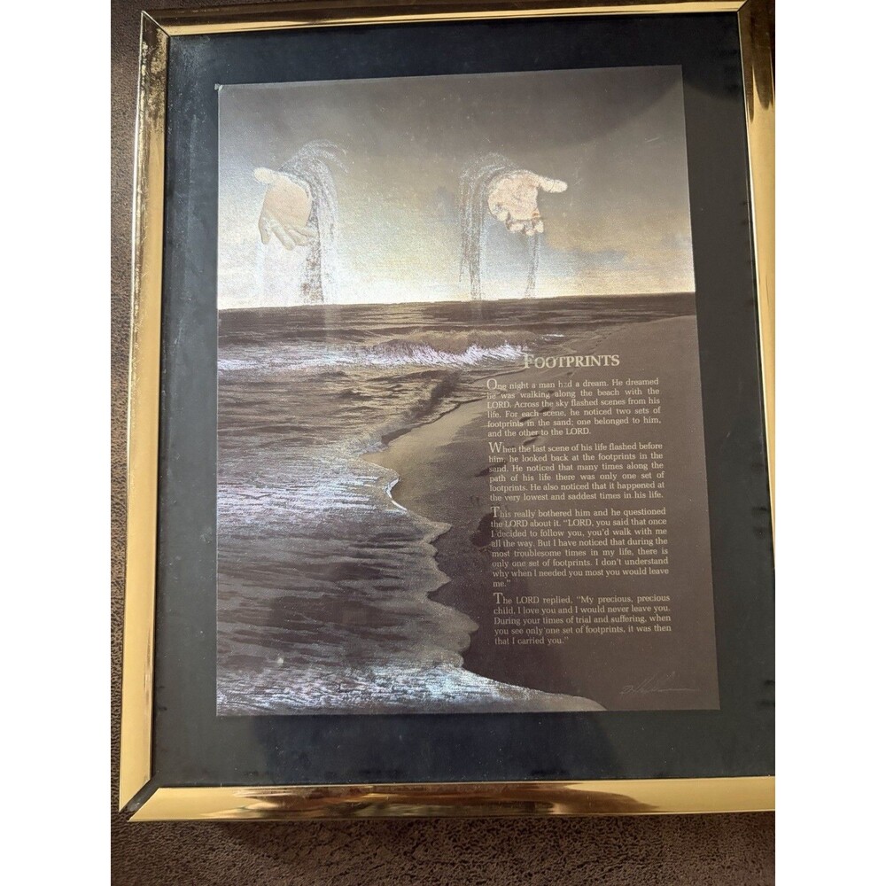 Vintage J Hardelin Manifestations Gold Foil Etched Art “Footprints” Ocean Beach